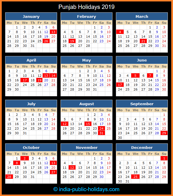 Punjab Holiday Calendar 2019